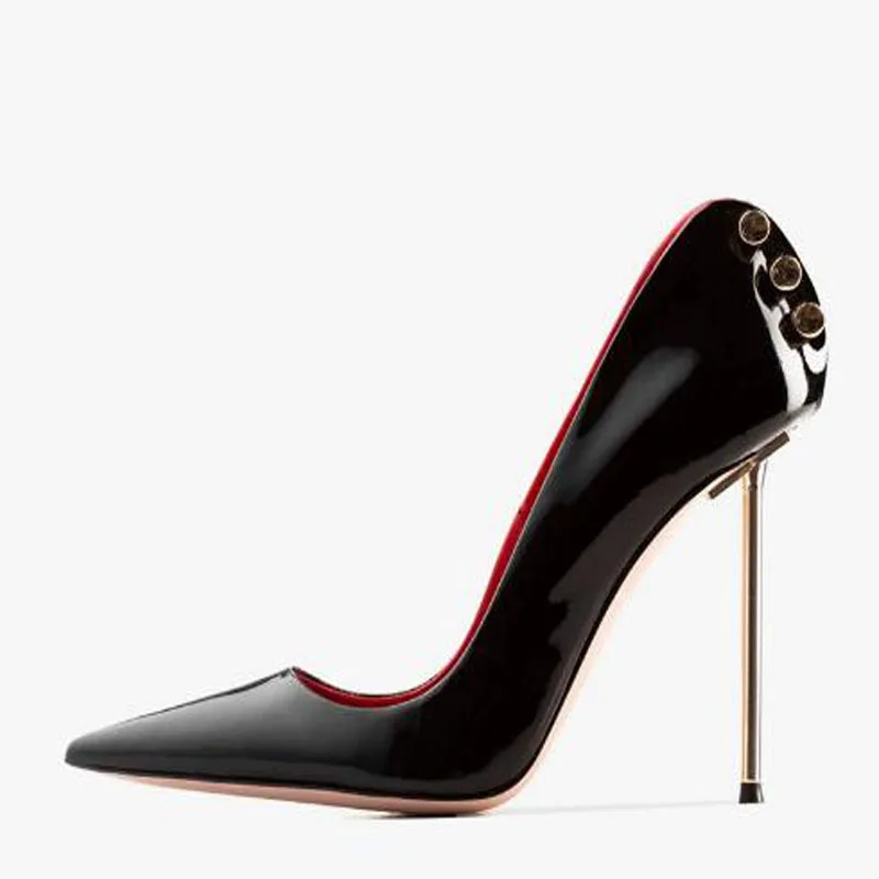 

Sexy Black Pateng Leather Metal Stud Stiletto Pumps Women Pointed Toe Shallow Slip On High Heel Party Evening Dress Pumps Shoes