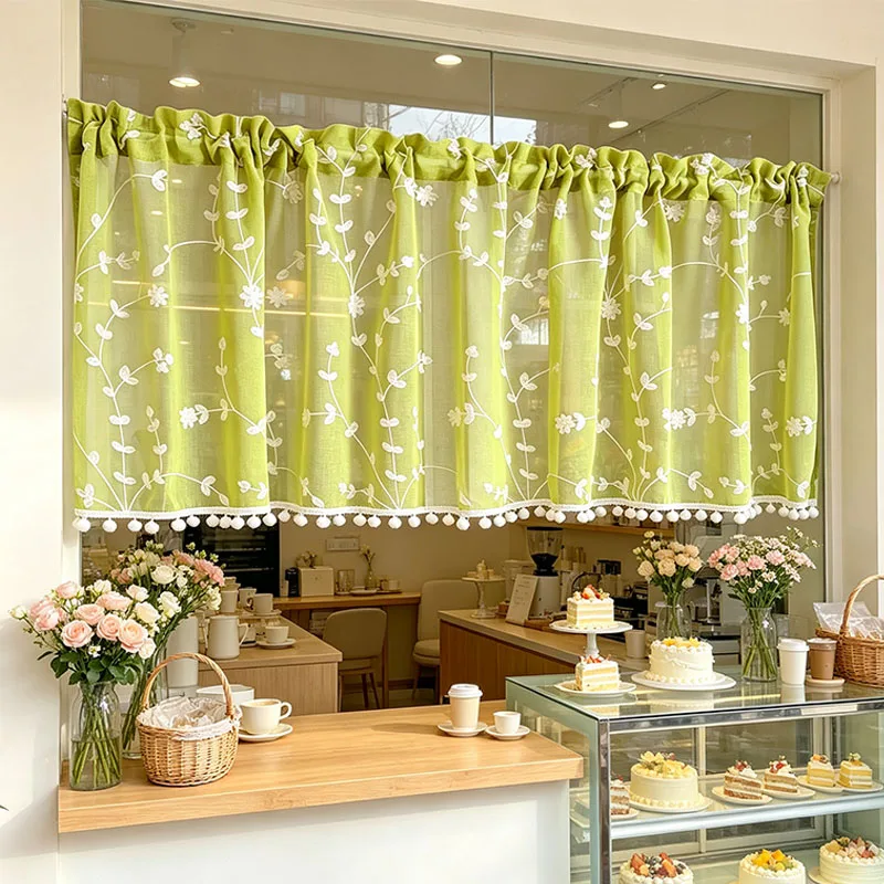 1pc Fresh Grass Green Linen Textured Sheer Short Curtains, Delicate White Vine Leaf Embroidery Half Tier Window Curtain