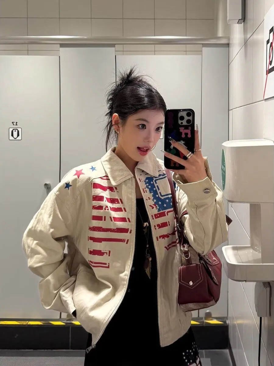 

Harajuku Sle ort Printed Jaet ex Cotton Workwear Flag Print Casual Top for Men And Women Spring Season Faion