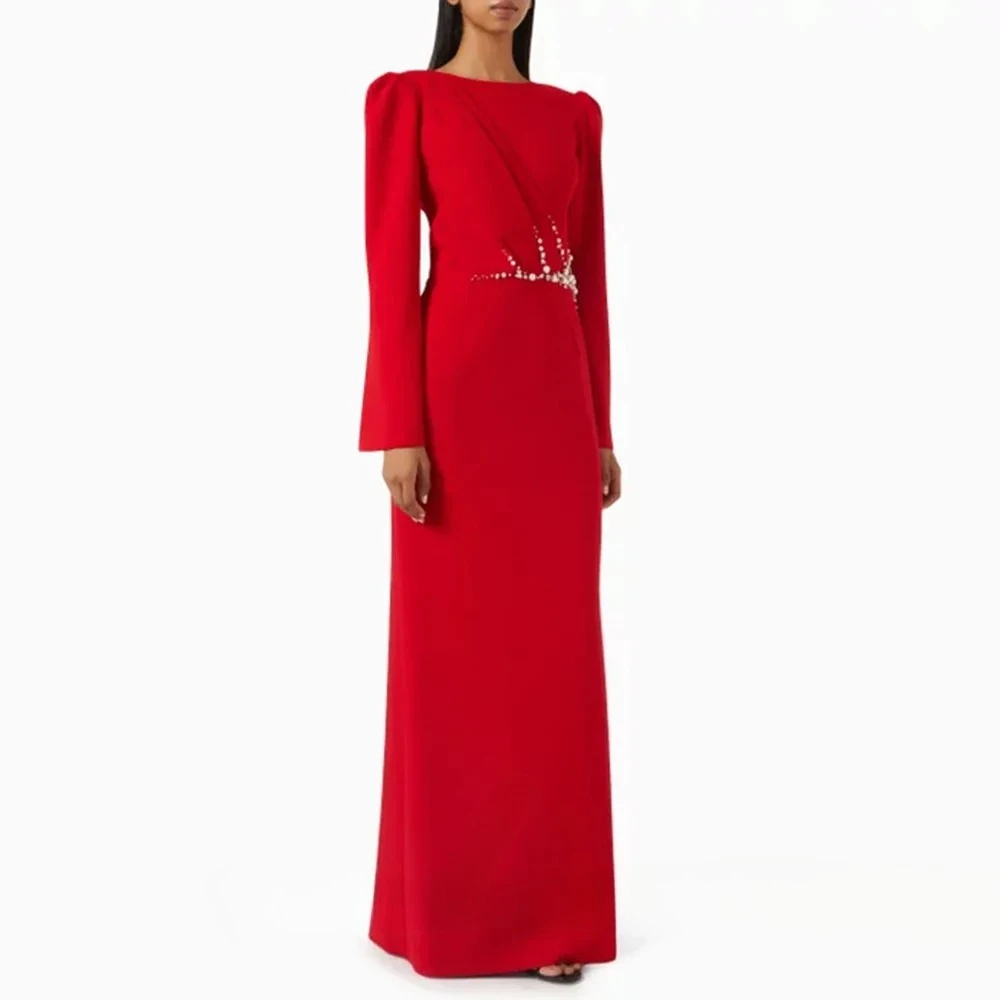 

Red Women's Evening Dress Elegant Sheath Long Sleeves Beading Wedding Party Dress Floor Length Slit Formal Party Gown Customized