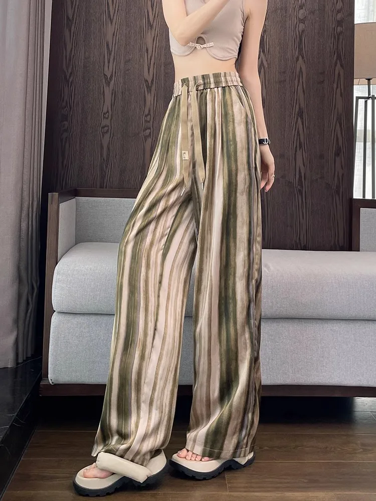 

Plus Size Casual Ice Silk Dyed Striped Wide Leg Pants Women Summer Thin Loose Drape High Waist Floor Length Trousers Korean Sle