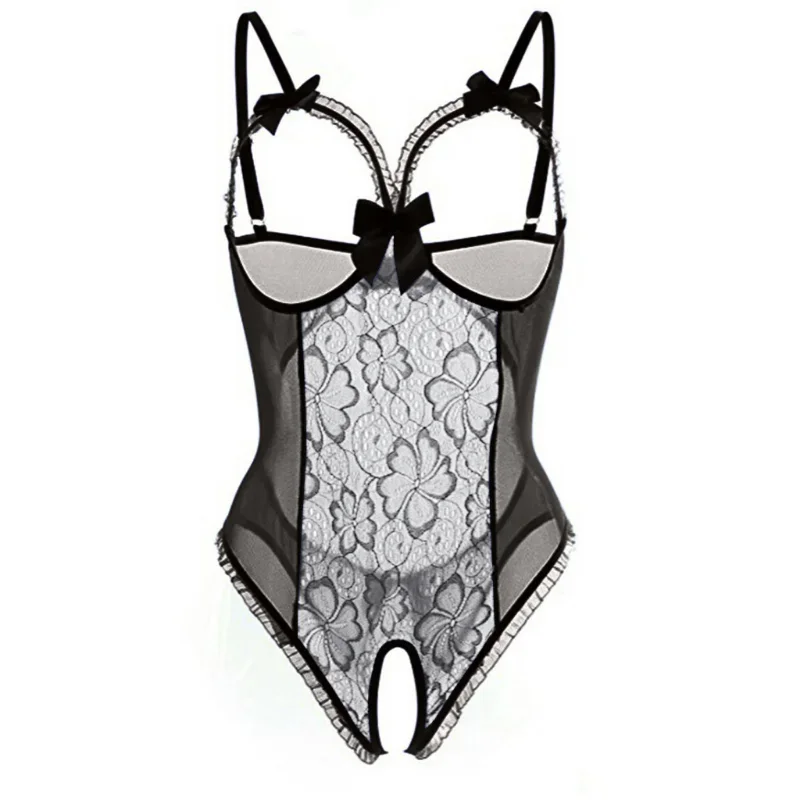 Nero porno intimo donna pizzo trasparente reggiseno un pezzo costumi Sexy reggiseno aperto Crotchless body femminile set di biancheria erotica