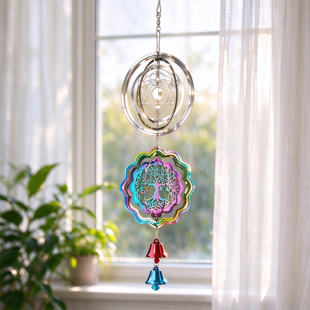 Mesmerizing Movement Wind Spinner Celestial Tree of Life Hanging Bell Kinetic Wind Chimes Catcher Magical Whimsical Garden Decor