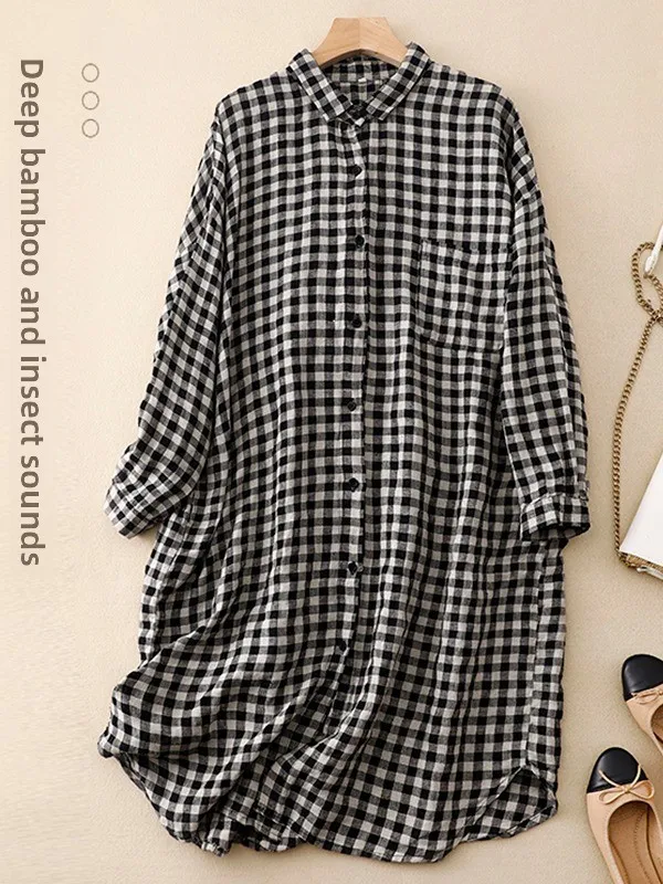 

Женская весенняя верхняя одежда средней длины в клетку в стиле ретро из хлопка и льна Dr, повседневная длинная открытая кардиган большого размера, тонкий...