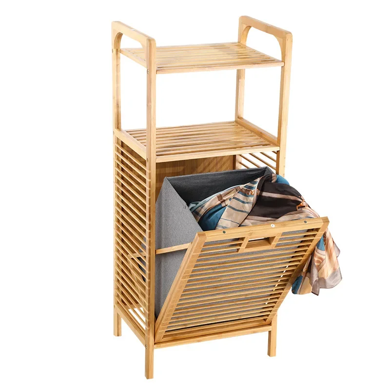 Freestanding Tilt-out Laundry Hamper Bamboo Basket Shelf with Removable Liner Storage