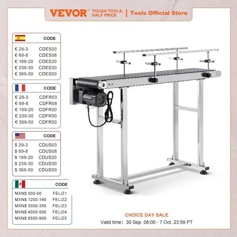 

VEVOR ПВХ ленточный конвейерный стол из нержавеющей стали двойное ограждение моторизованный ленточный конвейер с регулируемой скоростью для струйного кодирования