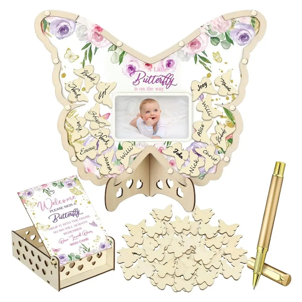 

63PCS Wooden Butterfly Baby Shower Decorations Butterfly Sign in Photo Guest Book Baby Shower Sign in Guest Book Purple