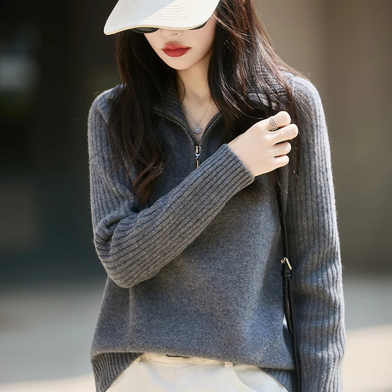 Damski sweter z wełny na jesień i zimę, z kołnierzem i zamkiem błyskawicznym, jednolity kolor, luźny i miękki, wysokiej jakości top.
