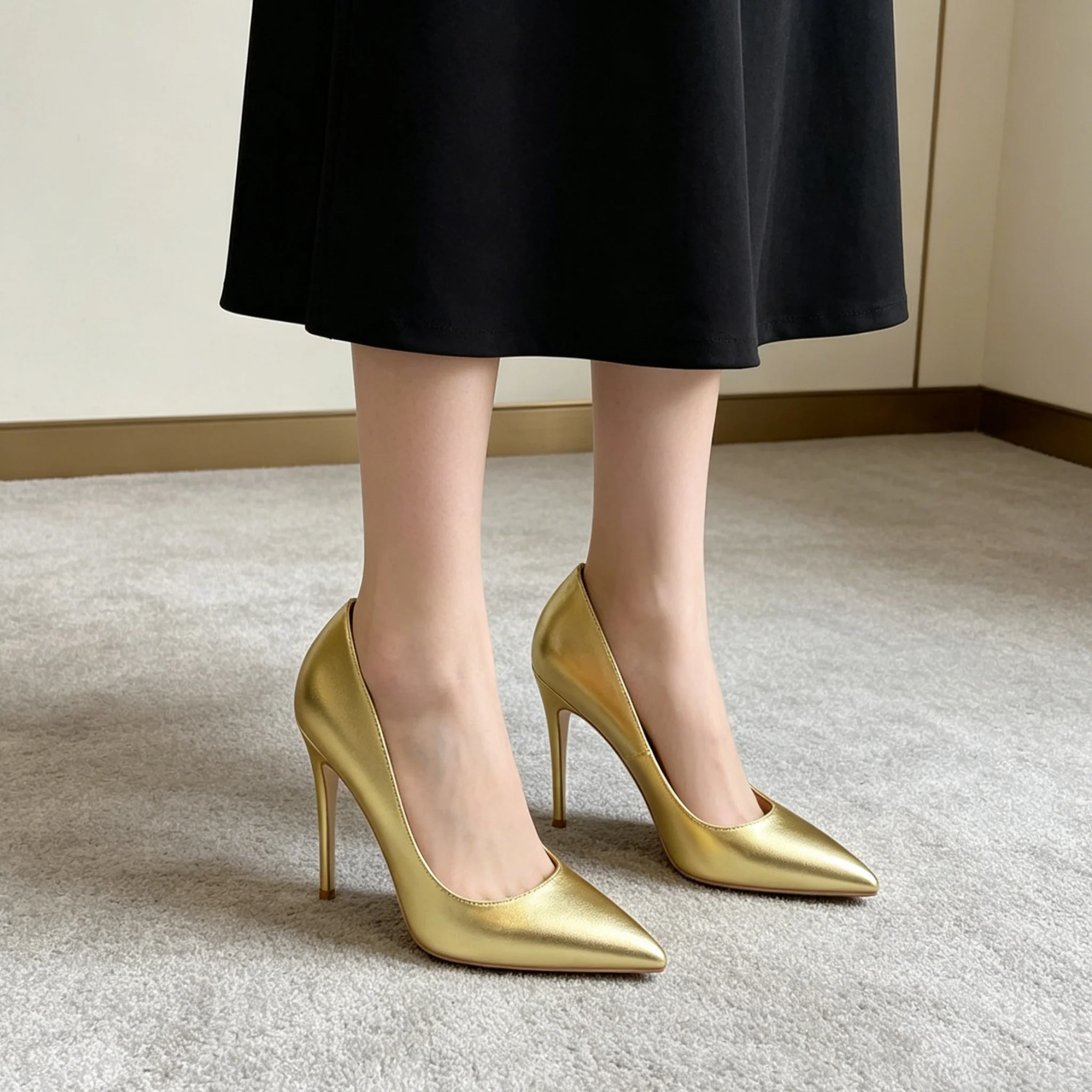 

Gold Matte Sheep Pattern Single Shoe Comfortable 34-43 Size Red Sole DE 8-10-12cm Slim Heel Super High Heels Shallow Pointed Toe