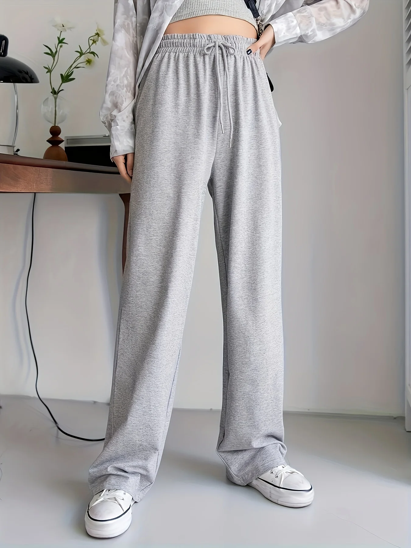 بنطال رياضي نسائي رمادي فاتح مستقيم الساق بنطال رياضي برباط كاجوال للخريف/الشتاء بنطال رياضي قماش مريح #6