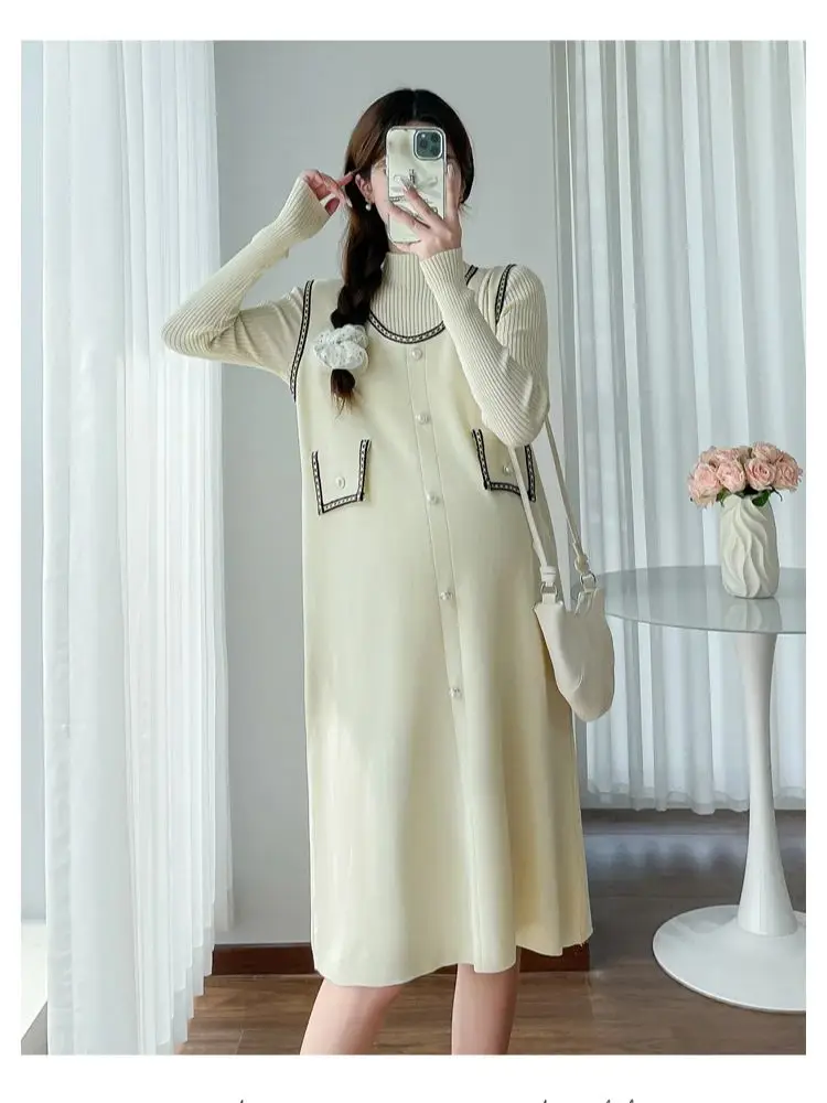 

Winter Plus Size Pregnant Women Two-piece Dress Suits Long Sleeve Sweater+Sundress Twinset Elegant Office Lady Clothing Sets