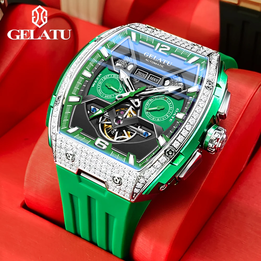 GELATU Full Diamond Men's Watches Skeleton Automatic Watches for Man Dual Calendar Top Luxury Original Mechanical Man Watch 6016