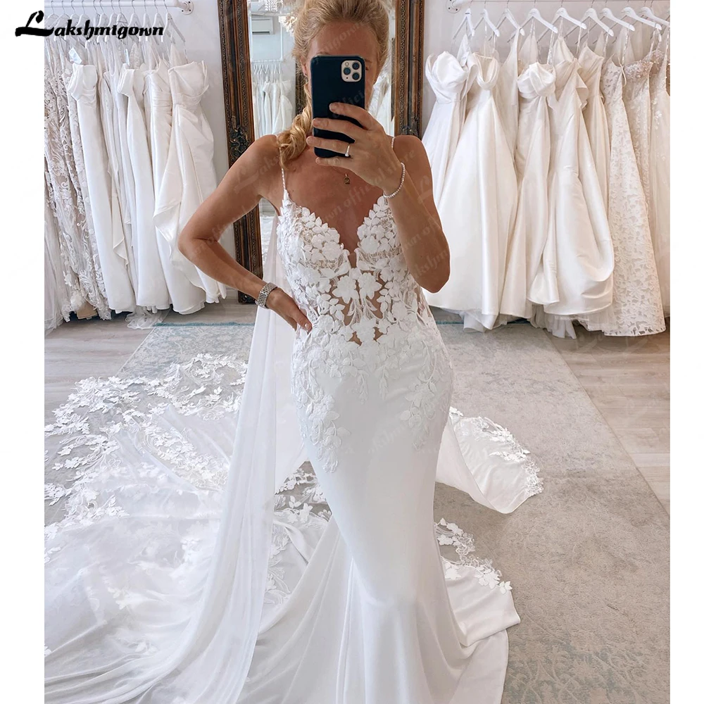 Lakshmigown Crepe Soft Satin Mermaid Wedding Dress with Chiffon Cape Abito Da Sposa Civil Beach Bridal Gowns Customized