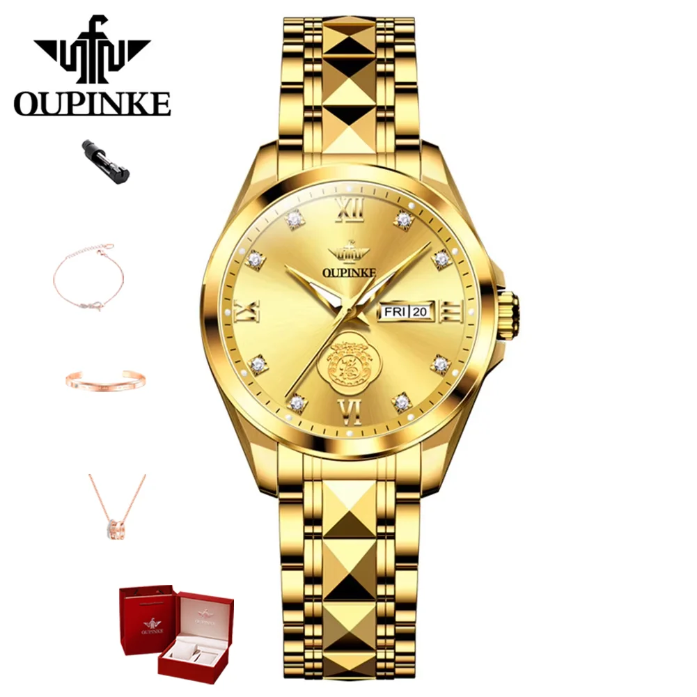 OUPINKE 3305 Women's Automatic Watches Real Diamond Real Gold Tungsten Steel Waterproof Dual Calendar Luxury Business Wristwatch