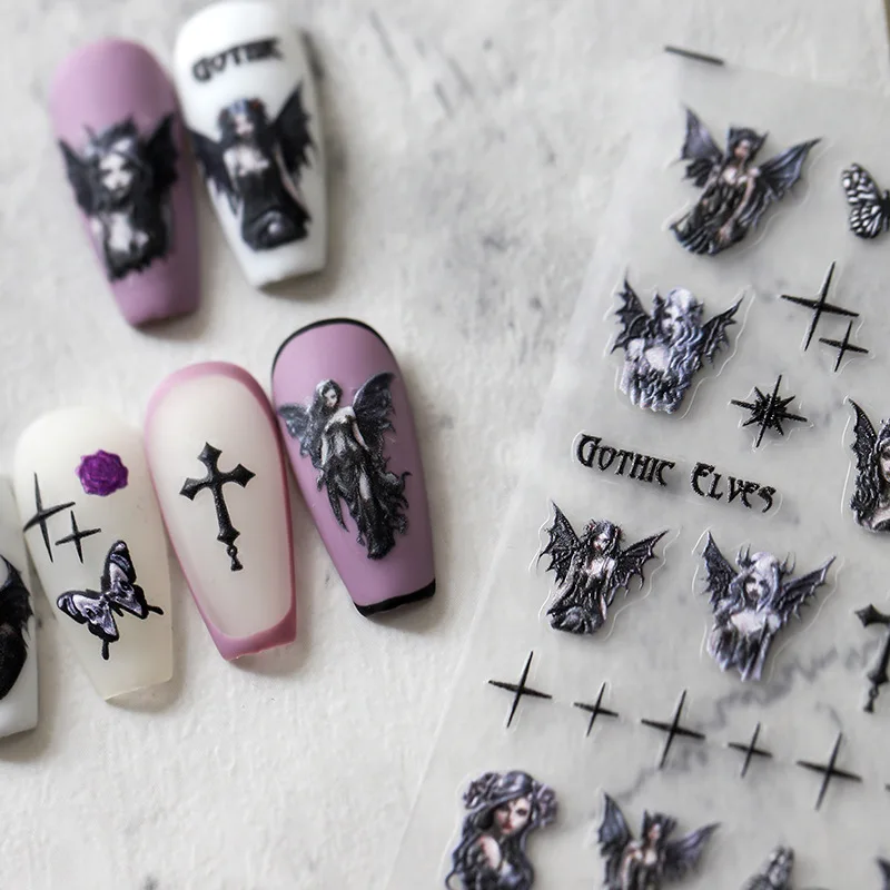 5D Realistic Relief Retro Gothic Elves Cross Asterism Butterfly Adhesive Nail Art Stickers Decals Manicure Embossed Ornaments