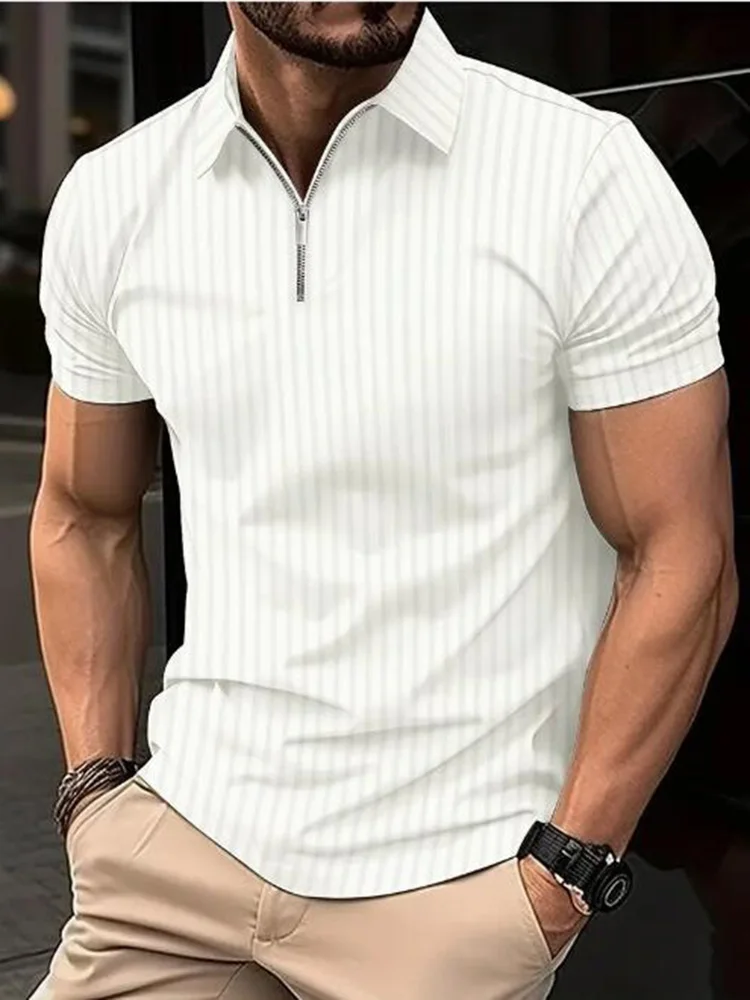 Summer Men Stripe Fashion Short Sleeve Lightweight Business Casual Polo Shirt Half Zip Solid Elastic Office Short Sleeve T-shirt image 2