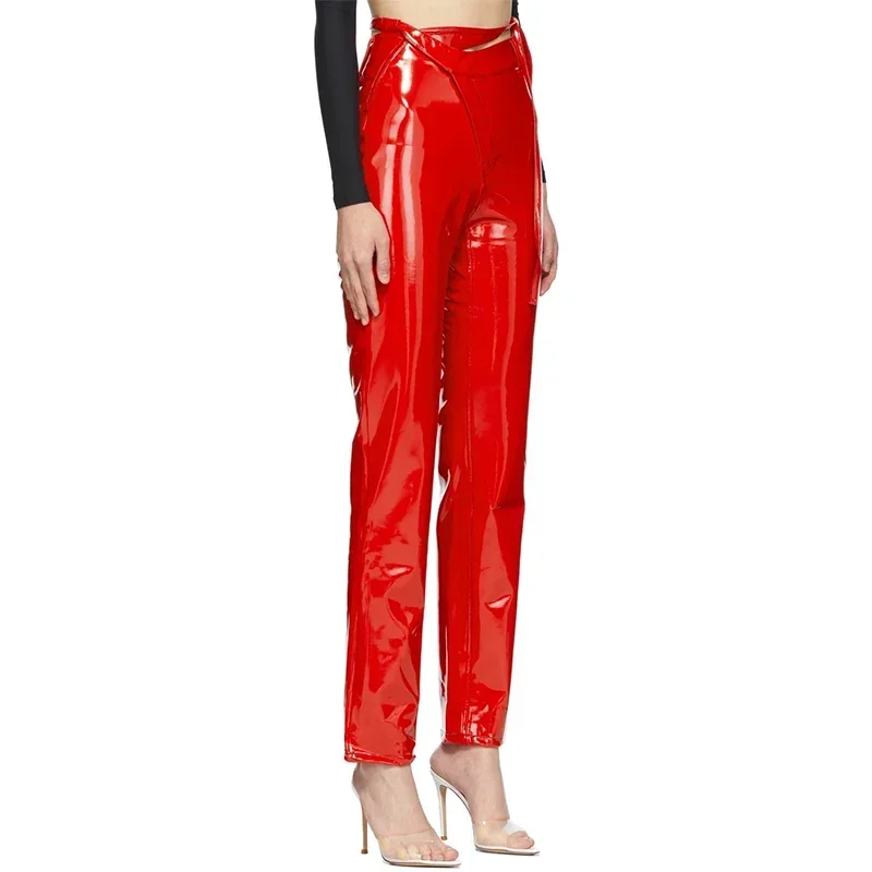 Pantalon taille haute en similicuir latex pour femme, surintendant, bandage, pantalon à jambe droite, brevet brillant, bureau, fête, PU, fjNew bt