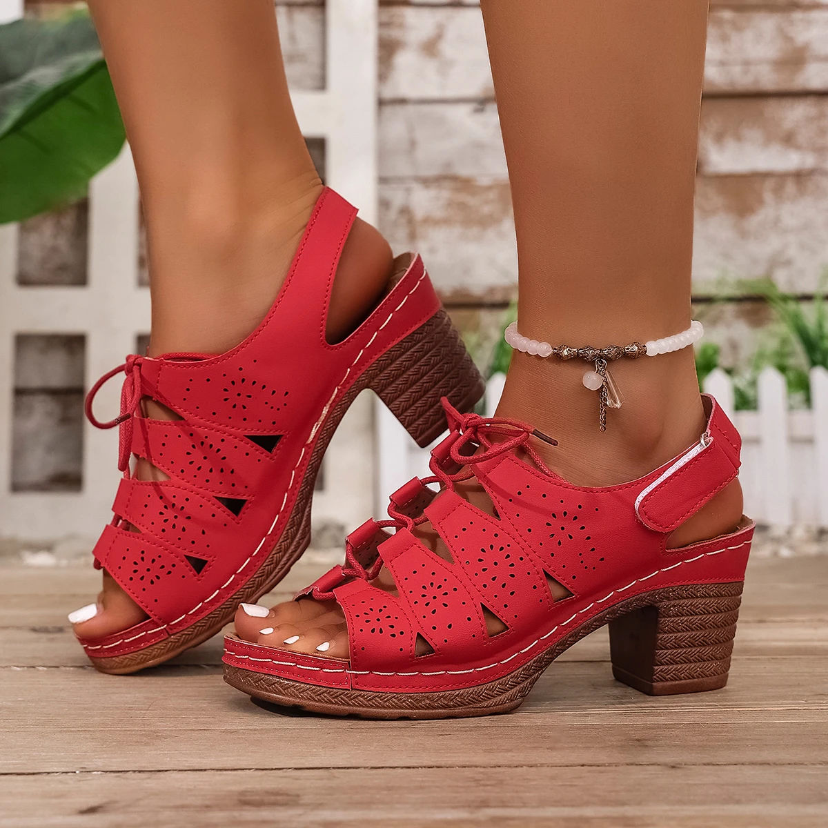 

Летние женские босоножки на высоком каблуке, повседневная нескользящая пляжная обувь больших размеров, женские босоножки на платформе с открытыми крючками и петлями на толстом каблуке