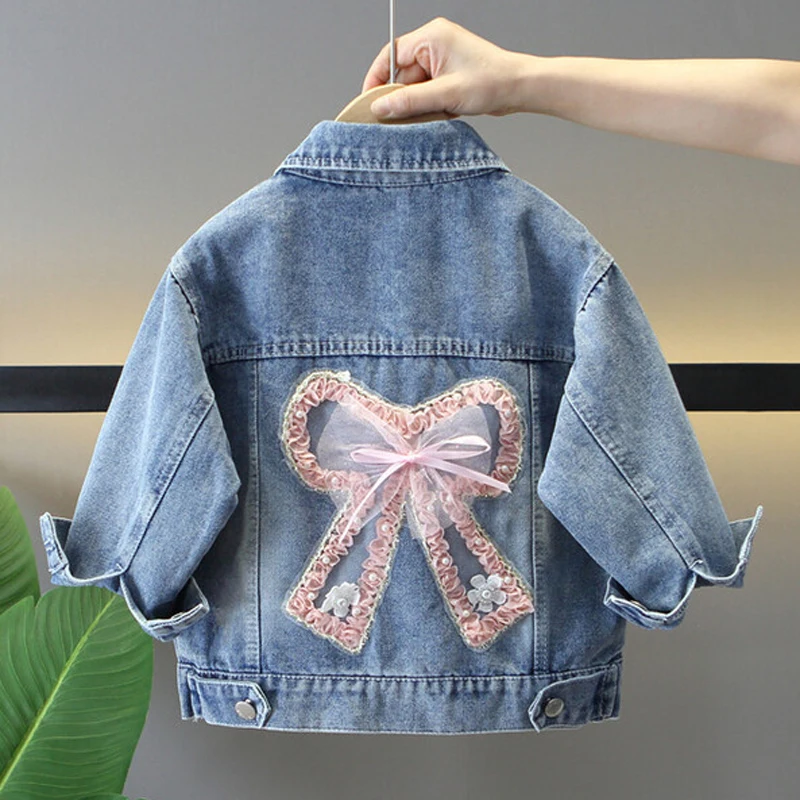 123  2026 Spring Autumn Girls Denim Coat Pearl Embellishment Bow Knot Fashion Jacket For Kids Casual Outerwear 3 4 5 6 8 10 12 Y