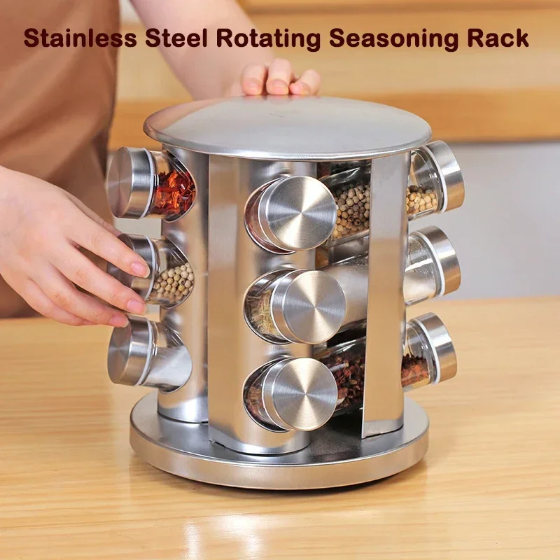 

Stainless Steel Rotating Seasoning Rack Kitchen Supplie Seasoning Jar Set Herb And Spice Tools Glass Spice Jar Condiments Shelf