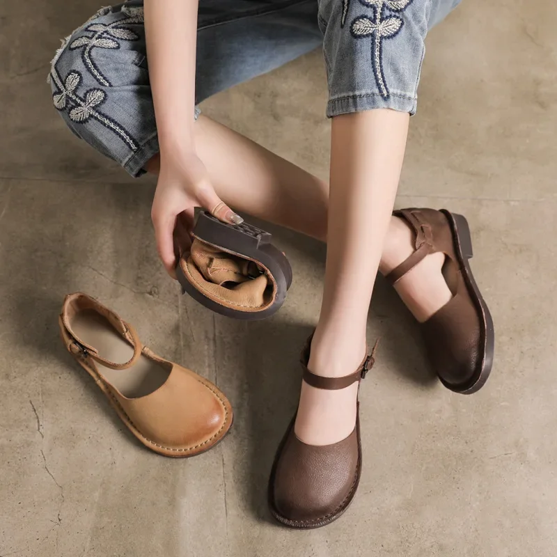 Woman Platform Flats Genuine Leather Sneakers Loafers Shoes Buckle Round Toe Soft Retro Comfortable Drive Classics Womens Shoes