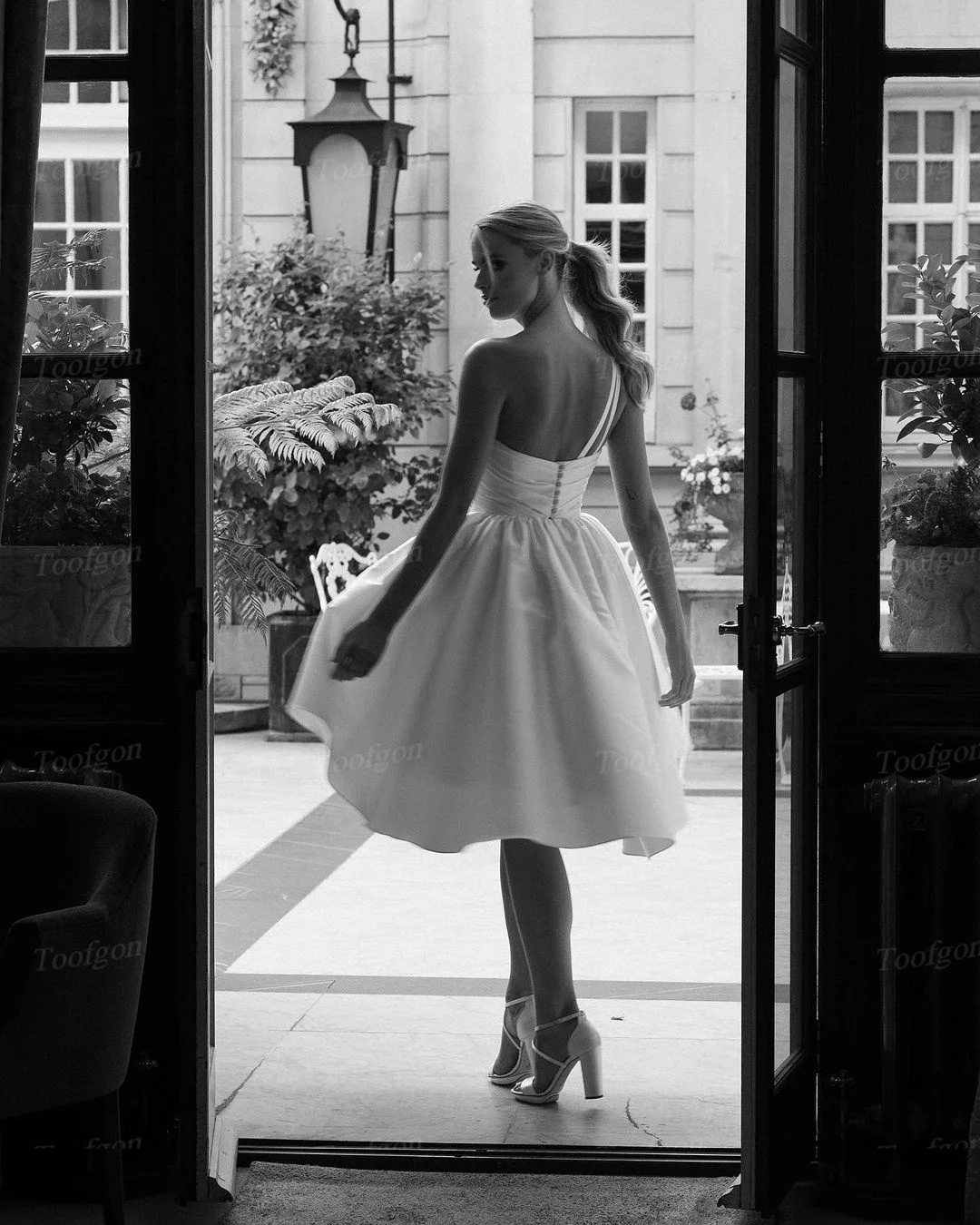 Toofgon A Line Satin Short Wedding Dresses For Bride One Shoulder Pleated Buttons Knee Length Formal Bridal Gowns Prom Party