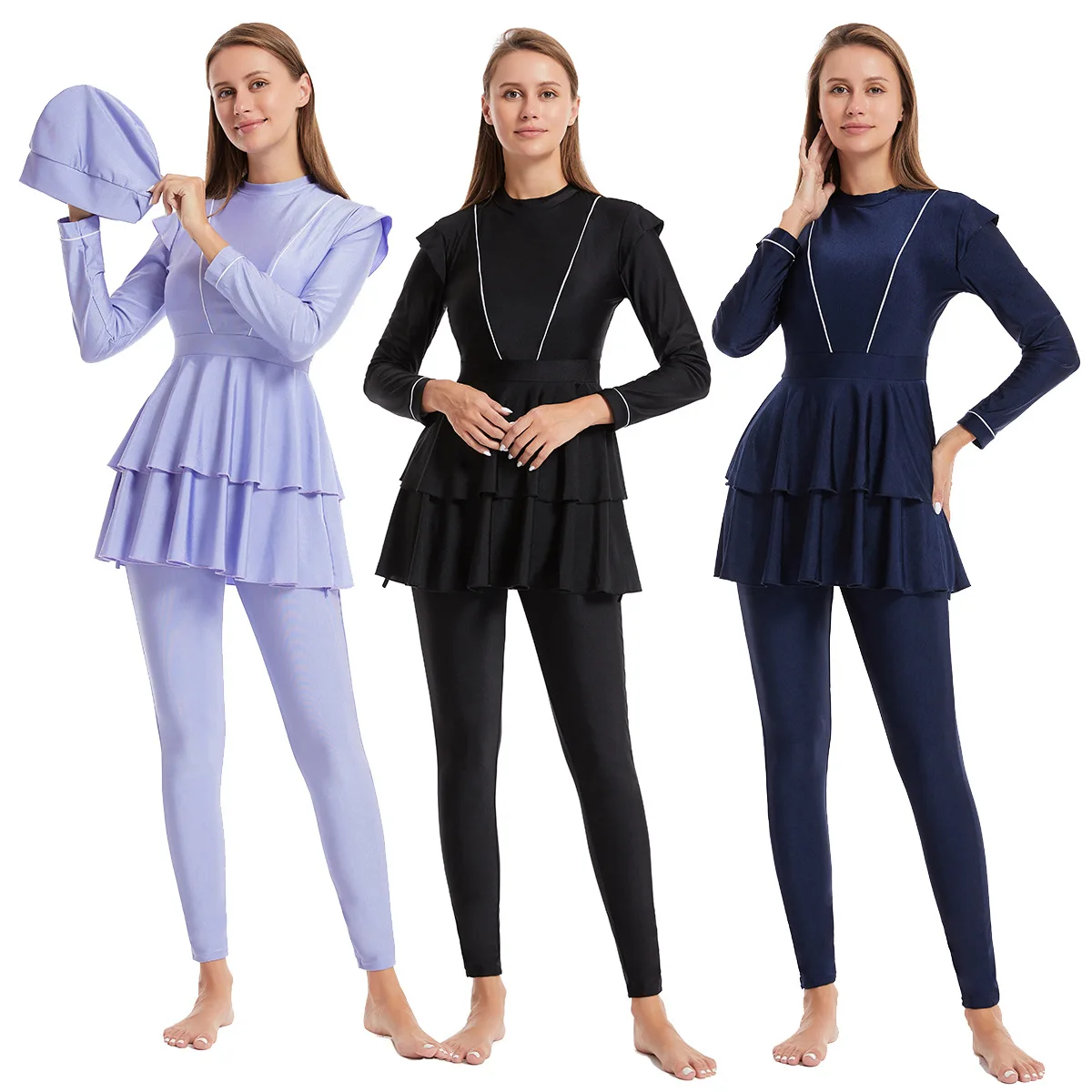 

3 Sets Burkini Swimsuit for Muslim Women No Steel Bracket with Chest Pad Swimwear Summer Black Sports Clothing Beach Elegant
