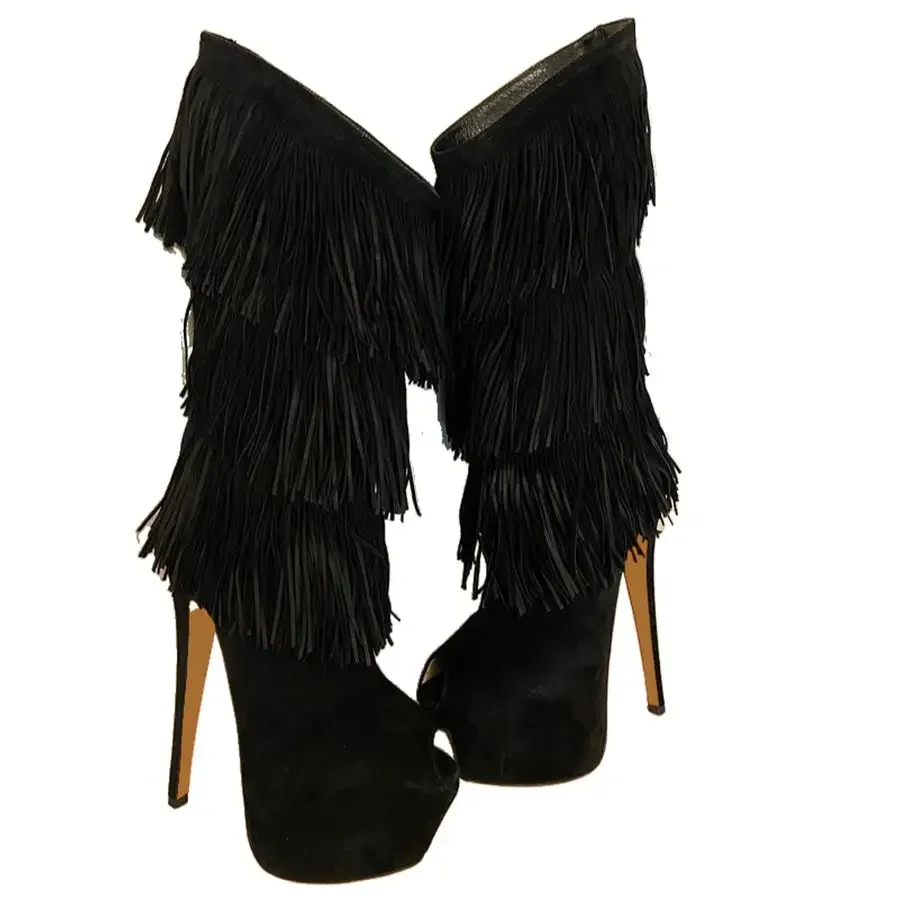 Surkova Elegant Black Suede Fringe Knee Boots Thin High Heels Platform Tassel Dress Boots Women Open Toe Outdoor Dress Shoes