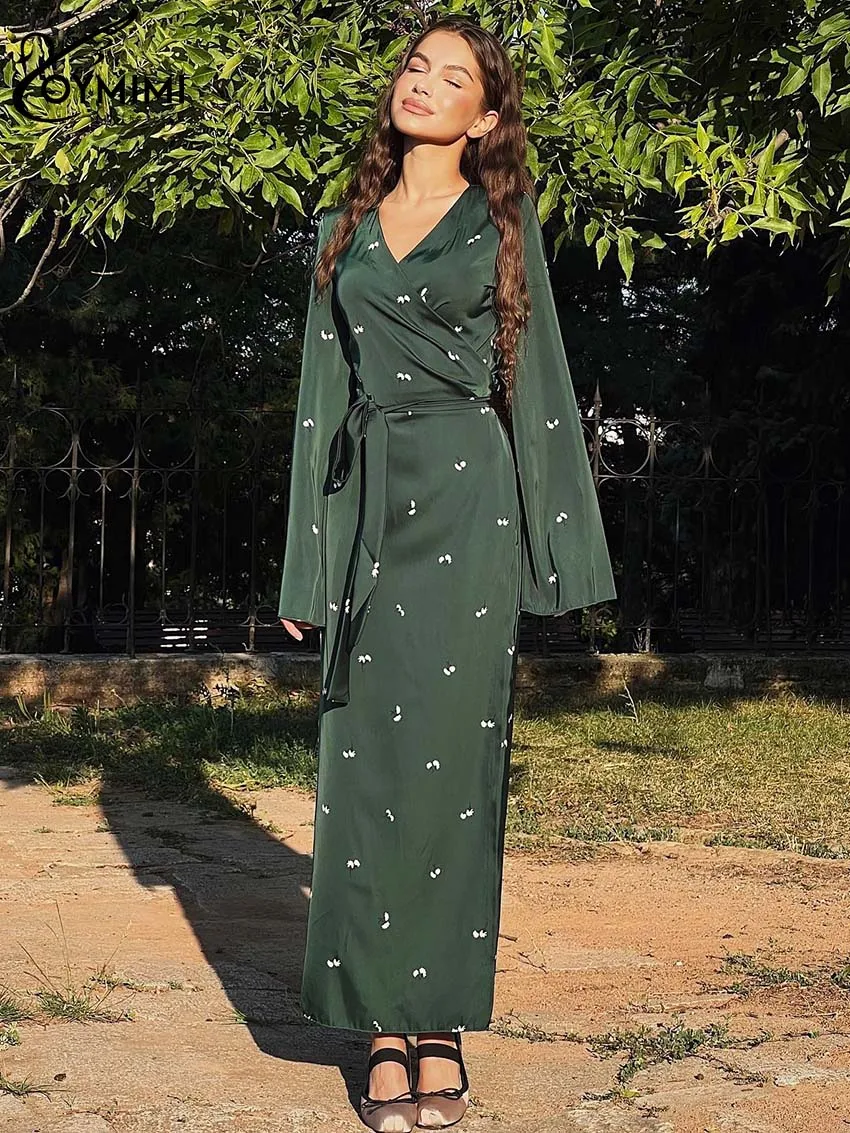 Oymimi Elegant Green Print Womens Dresses Fashion V-Neck Long Sleeve Lace-Up Dresses Casual Straight Ankle-Length Dress Female