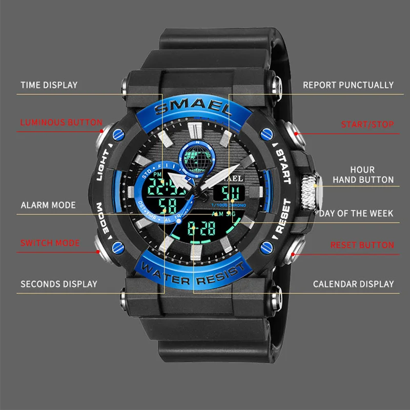 Men Watch SMAEL Sport Watches Waterproof Stopwatch Alarm Clock LED Light Quartz Digital Wristwatches 8048 Men\'s Watches Military