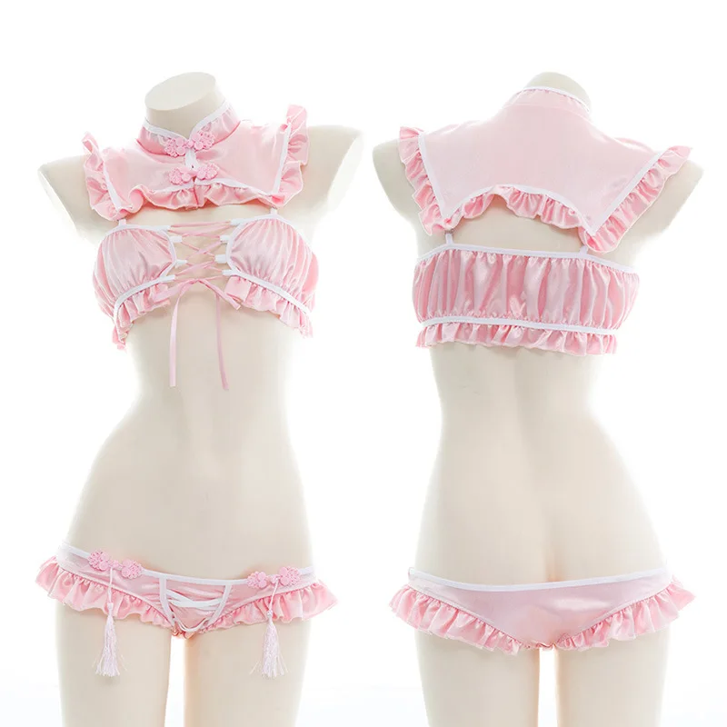 

Cute Anime Girls Cosplay Costume Maid Unifrom Lolita Hollow Out Bandage Tops Sexy Women Ruffles Undearwear Pink Lingerie Set