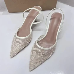 Woman Designer Mesh Open Heel Sandals Shoes Fashion Print Pointed End Women High-heel Pumps Sexy Stiletto Lady Mules