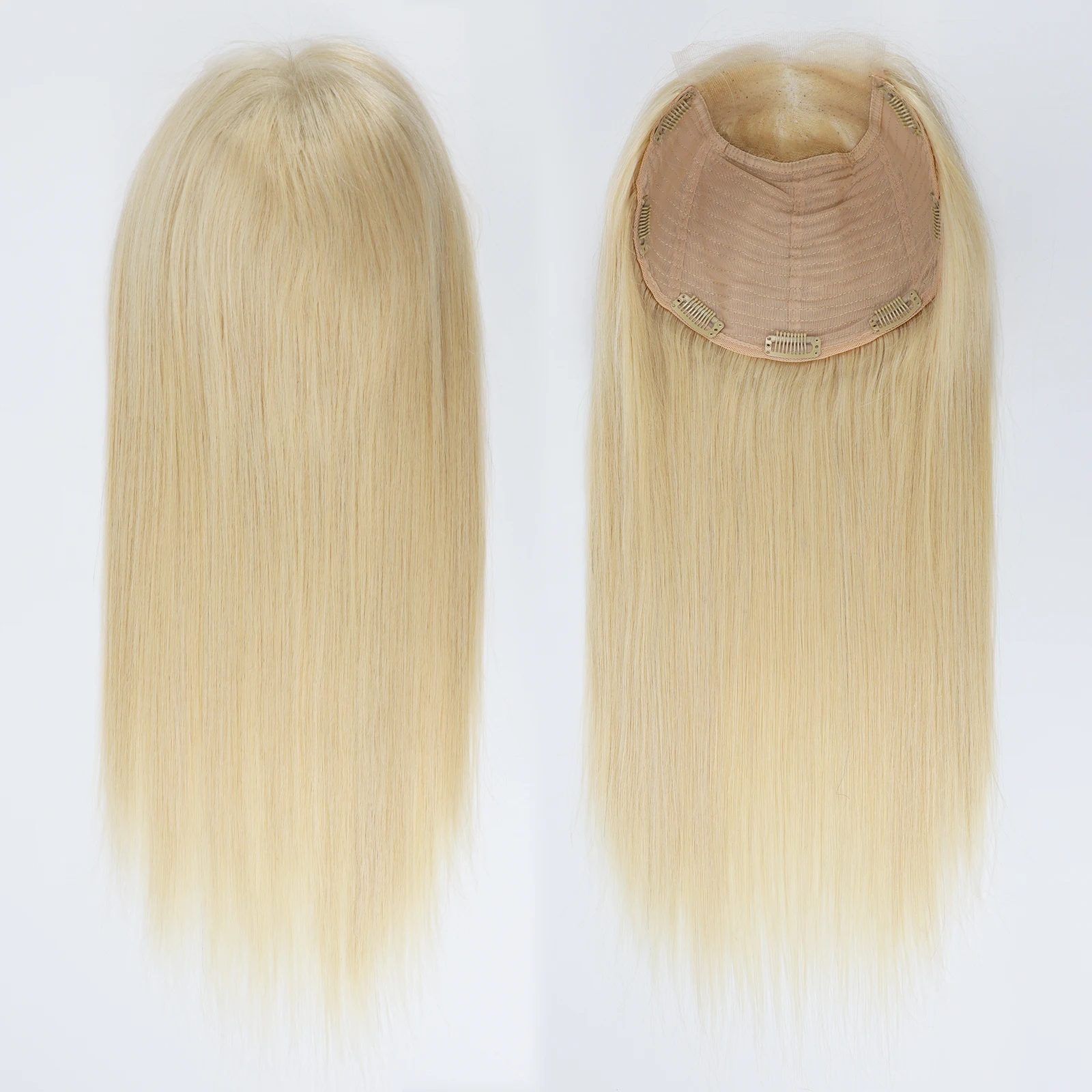 Topper de cabelo humano remy real com trama fechada base de pele de seda peruca para mulheres parte superior de renda postiços com clipes em loiro claro