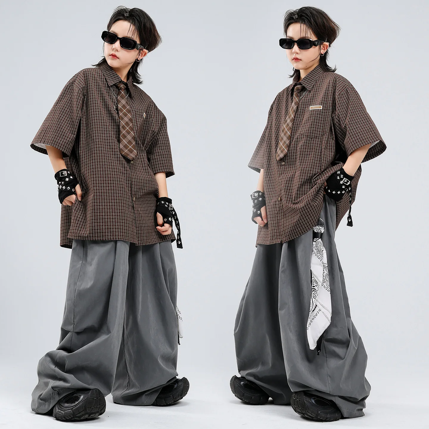 Children Hip Hop K‑pop Dance Costume Set Plaid Shirt Distressed Loose Cargo Pants Boys Girls Jazz Performance Streetwear Outfit