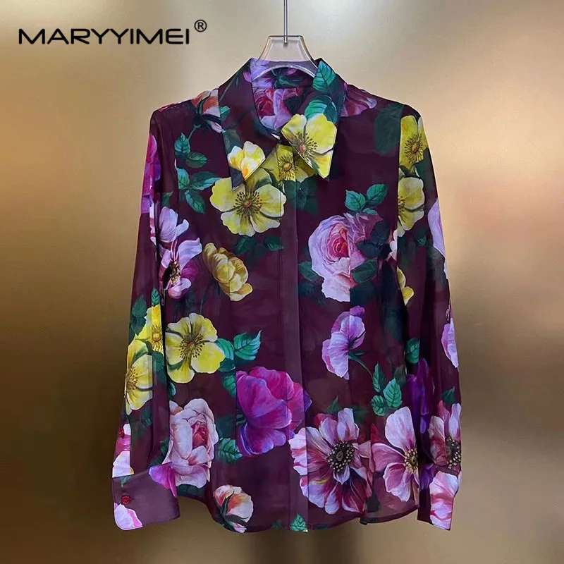 MARYYIMEI Fashion Women\'s Vintage Silk Single-Breasted Turn-Down Collar Printed Shirt Top+Pencil Hip Wrap Half Skirt Two-Piece