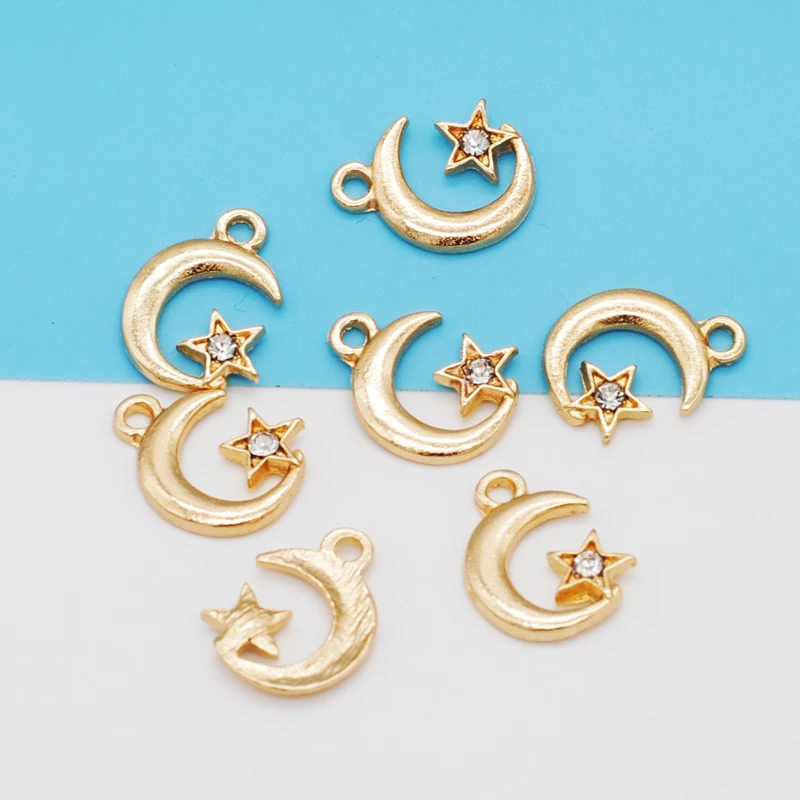 30PCS/Lot New Fashion Jewelry KC Gold Color Tone Moon&Star With Rhinestone Charm For DIY Jewelry Making Earring Accessories