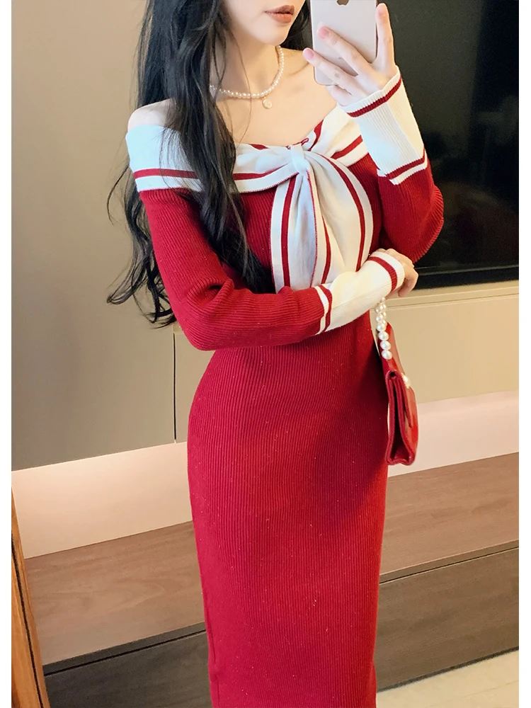 

Red Knitted Dr Women's Faion 2024 New Ele Godd Sle Wrap around Skirt Autumn Winter Sweater Dr Small Fraanc...