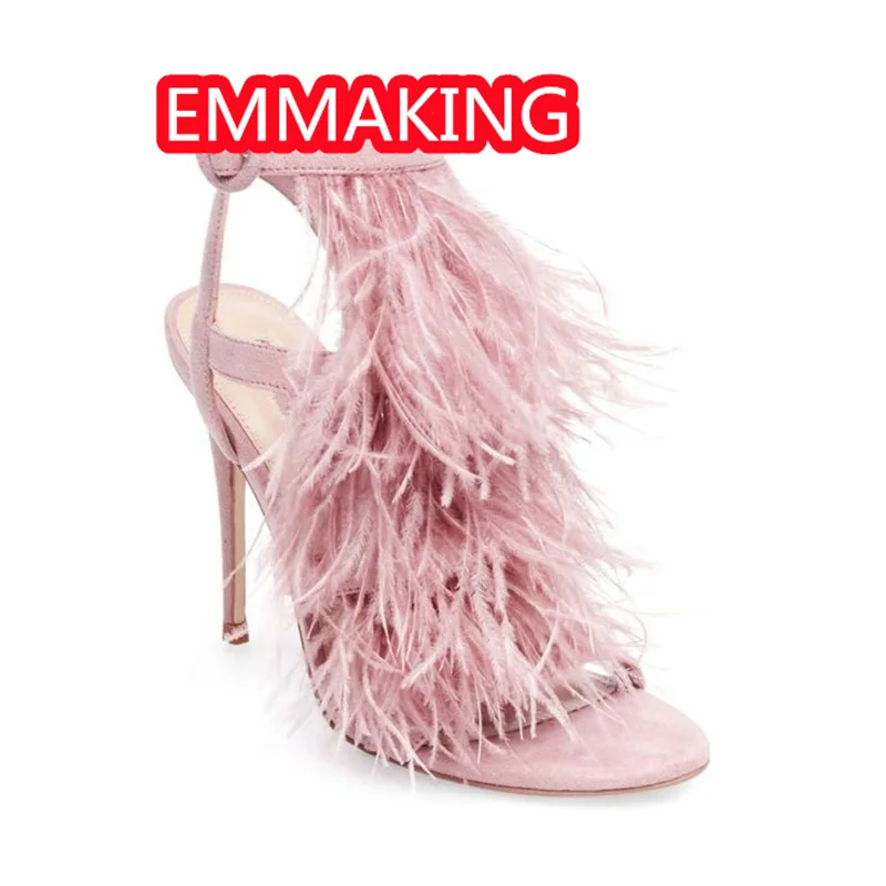 Runway Pink Ostrich Feather Women Gladiator Summer Sandals 2024 New Design Sexy Ankle Strap Ladies Stiletto Wedding Shoes