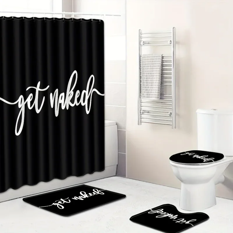 

4pc Black Water-Resistant Shower Curtain, Toilet Cover & Bathroom Floor Mats Set - Polyester Fabric - For Modern Bathroom Decor
