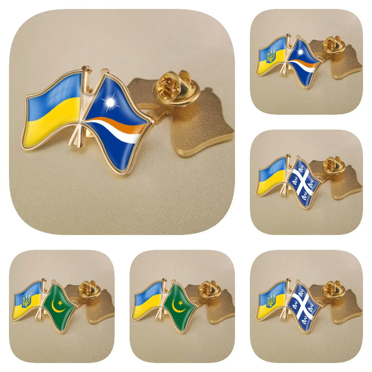 Ukraine and Marshall Islands Martinique Mauritania Double Crossed Friendship Flags Brooches Lapel Pins Bradges