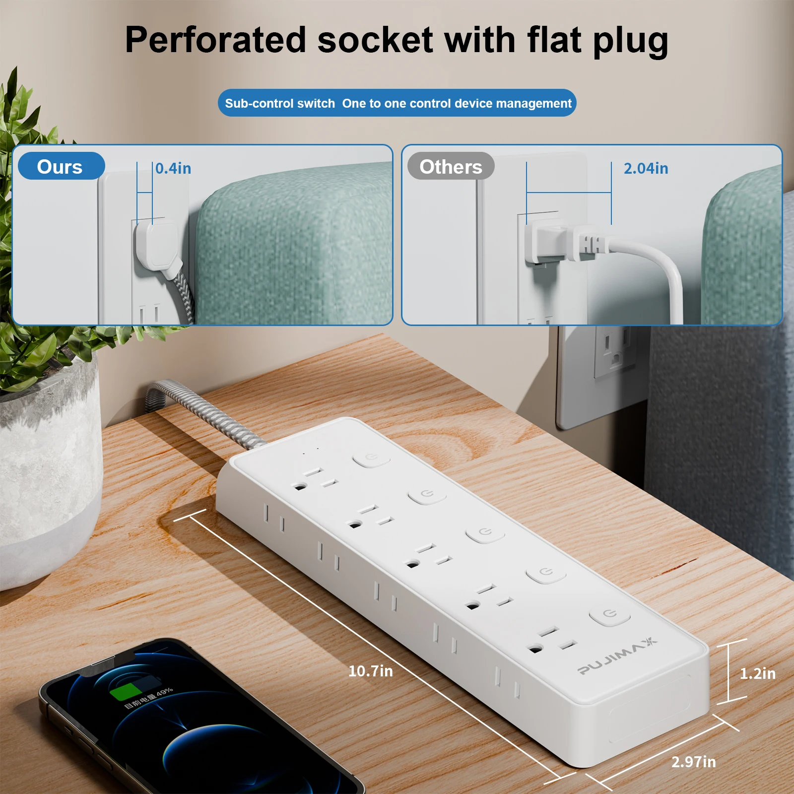 ﻿ ﻿ ﻿ PUJIMAX Power Strip With 10 Outlets 1.5M Braided Cable Surge Protector Multi Socket Extender with Switch For Home Office