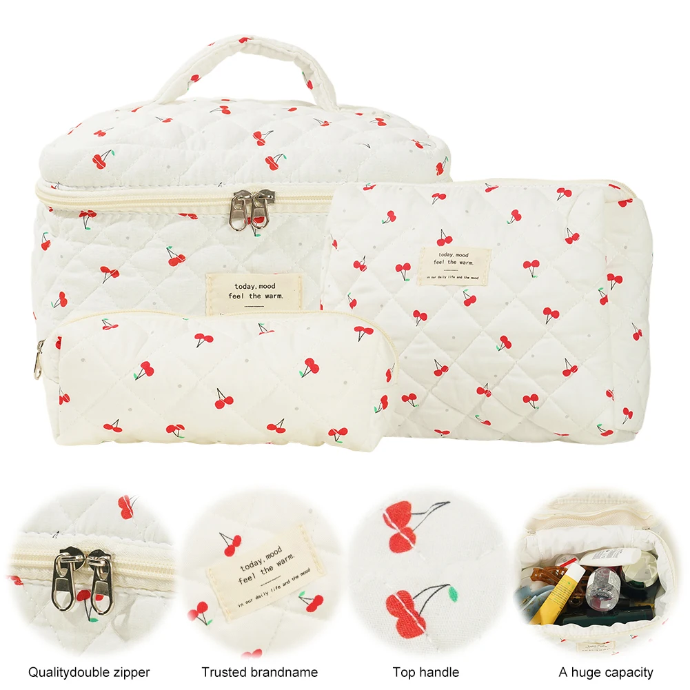 

Женская стеганая косметичка, портативная косметичка с вишневым узором, эстетическая косметичка, косметичка-клатч, милая косметичка