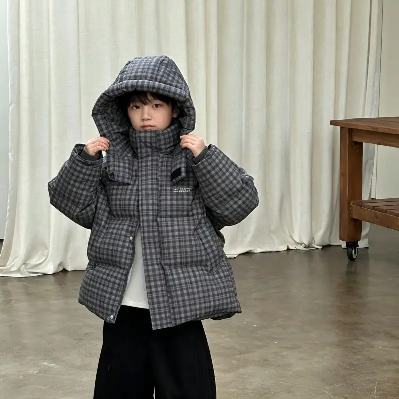 Boys Winter Plaid Padded Jacket Thick Warm Cotton Coat Fashion Kids Outerwear Streetwear