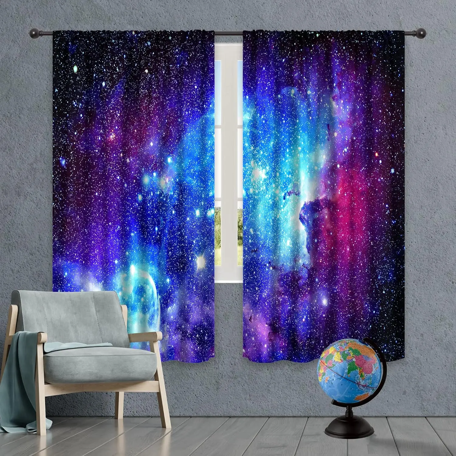 Galaxy Outer Space Nebula Curtains Blue Rod Pocket Universe Planets Boys Fantasy Starry Black Art Printed Living Room Bedroom