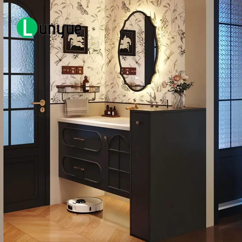 Modern Luxury French Style Wall Mounted Bathroom Cabinet with Sintered Stone Countertop Custom Vanity for Apartment Villa