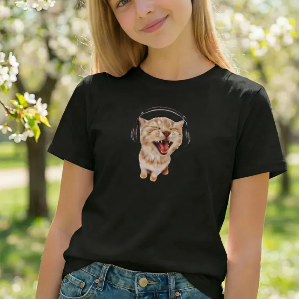 Summer Cute Kitten Headphone Boys Girls T Shirt Kids Baby Youth Tee Streetwear Casual Cotton Oversized Short Sleeve Clothing top