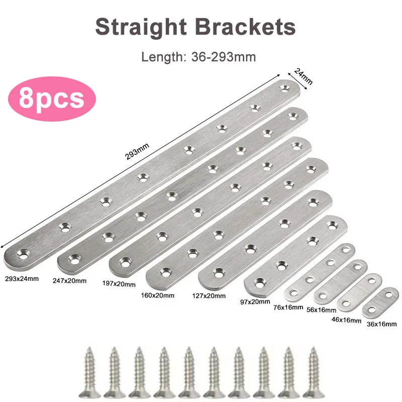 

8pcs Flat Plate Straight Brackets For Wood Furniture Flat Bracket Stainless Steel Mending Plate Repair Bracket with Screws