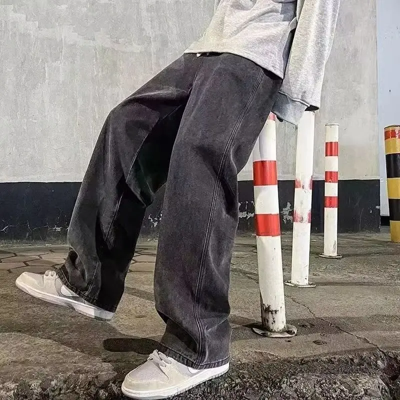 Spring Autumn Men's Jeans Straight Denim Pants Banding Waist Cotton Streetwear Wide Leg Loose Casual Blue Long Jeans Trousers