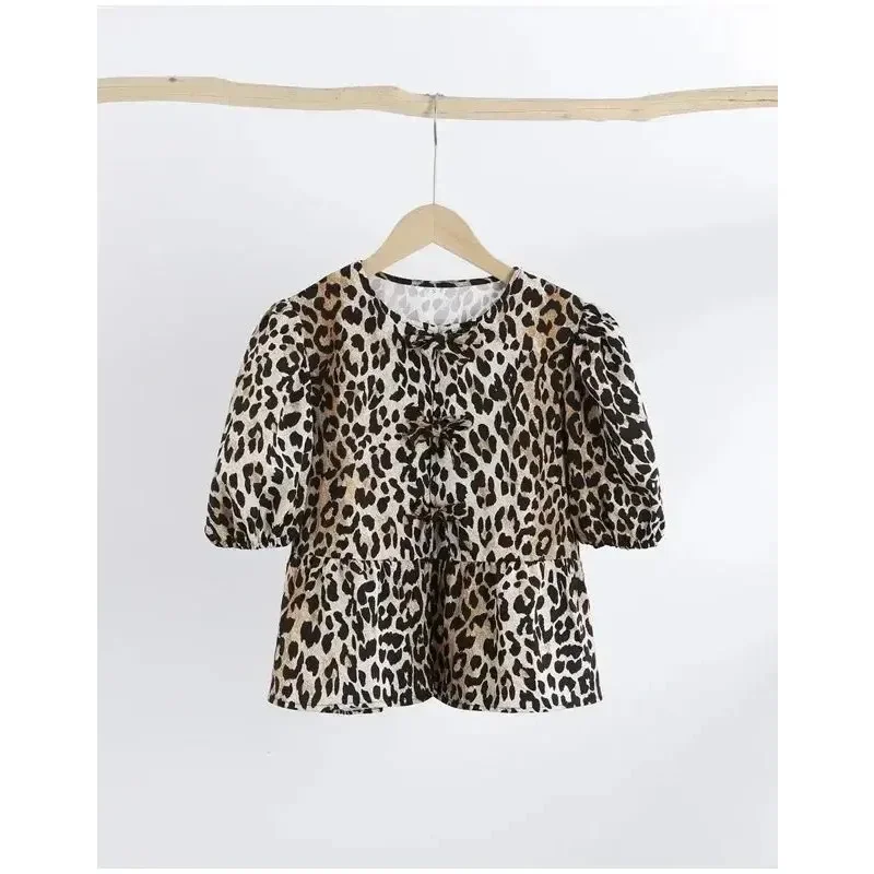 Leopard Print Shirt For Women Bow Lace Up O-neck Short Puff Sleeve Female T-shirt 2024 Summer Fashion All-match Street Lady Tops