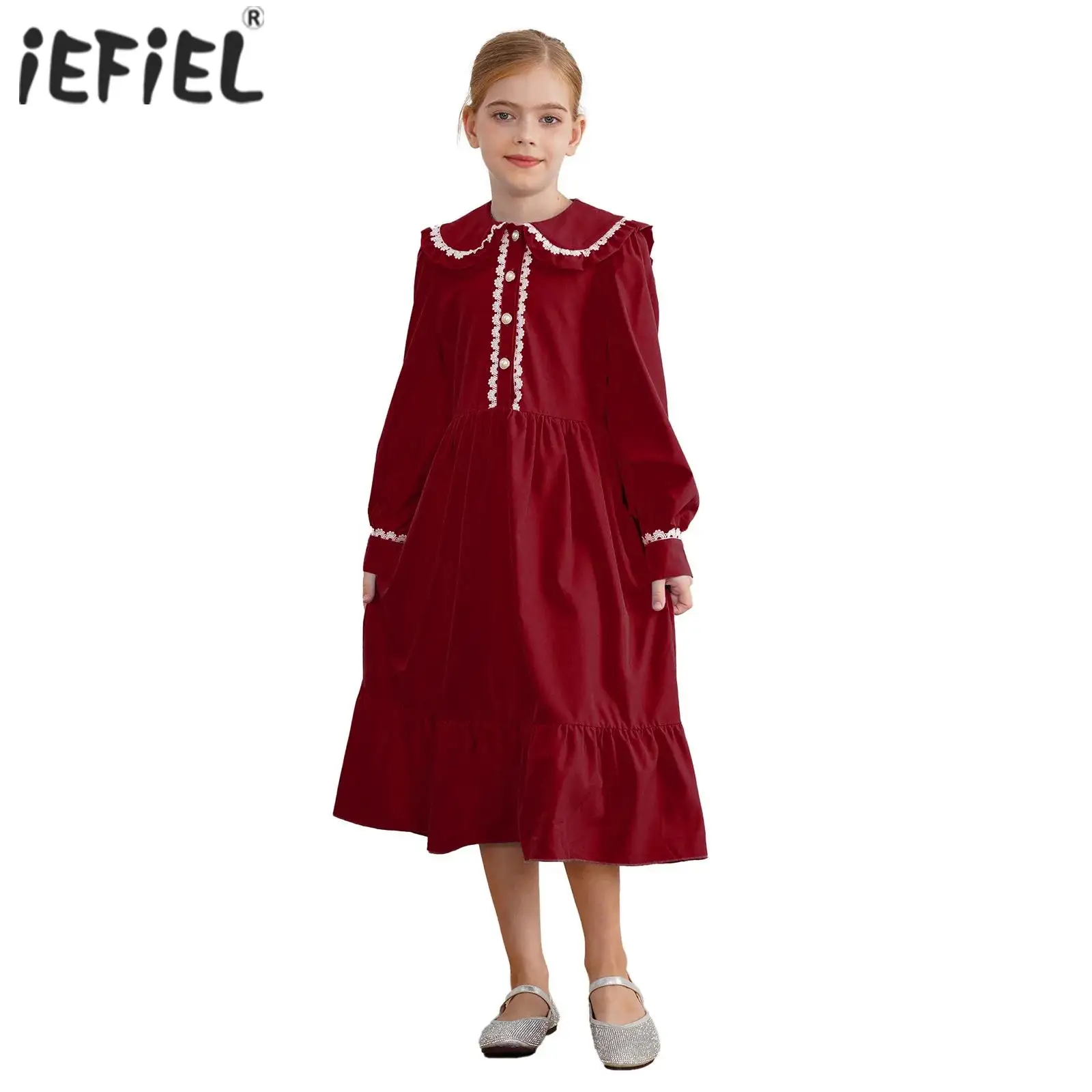 Kids Girls Pioneer Dress Prairie Colonial Cosplay Costume 1800s Victorian Long Sleeve Lace Trim Ruffle Dress Roleplay Dress Up